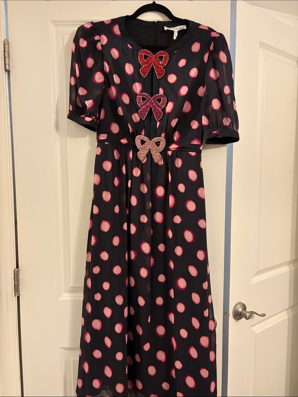 SALONI Black Dress with Pink Polka Dots and Bow Accents